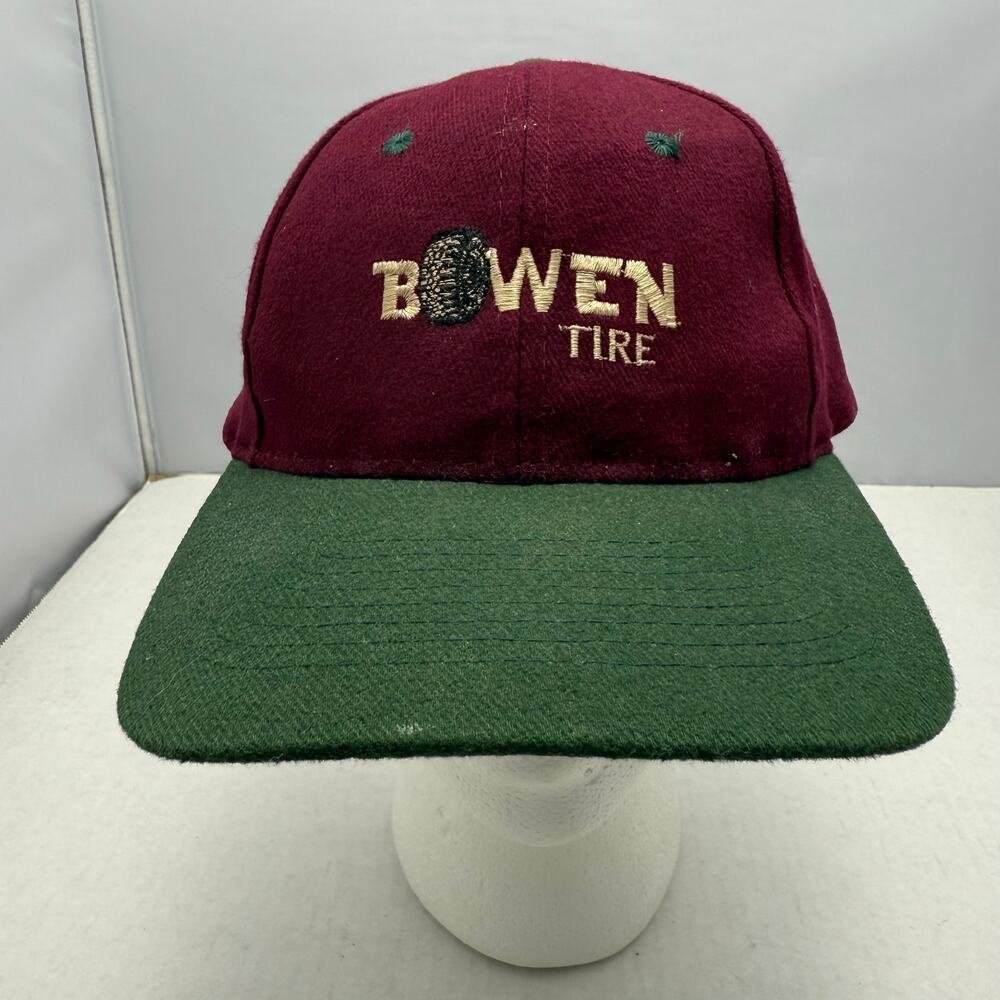 Vtg Bowen Tire KC Snapback Hat Maroon Green Two Tone Automotive Workwear
